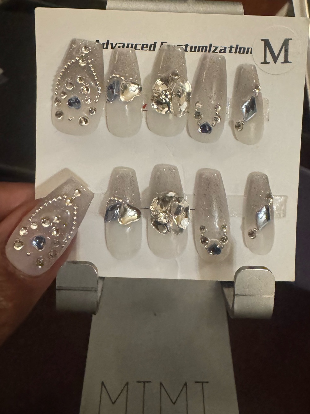 Grey Press-On Nail Set with Rhinestone Embellishments (Medium Length Coffin)